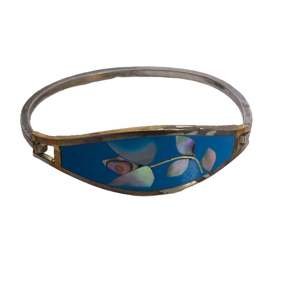 Vintage Alpaca Mexico Silver Cuff Bracelet Floral Abalone Inlay Child